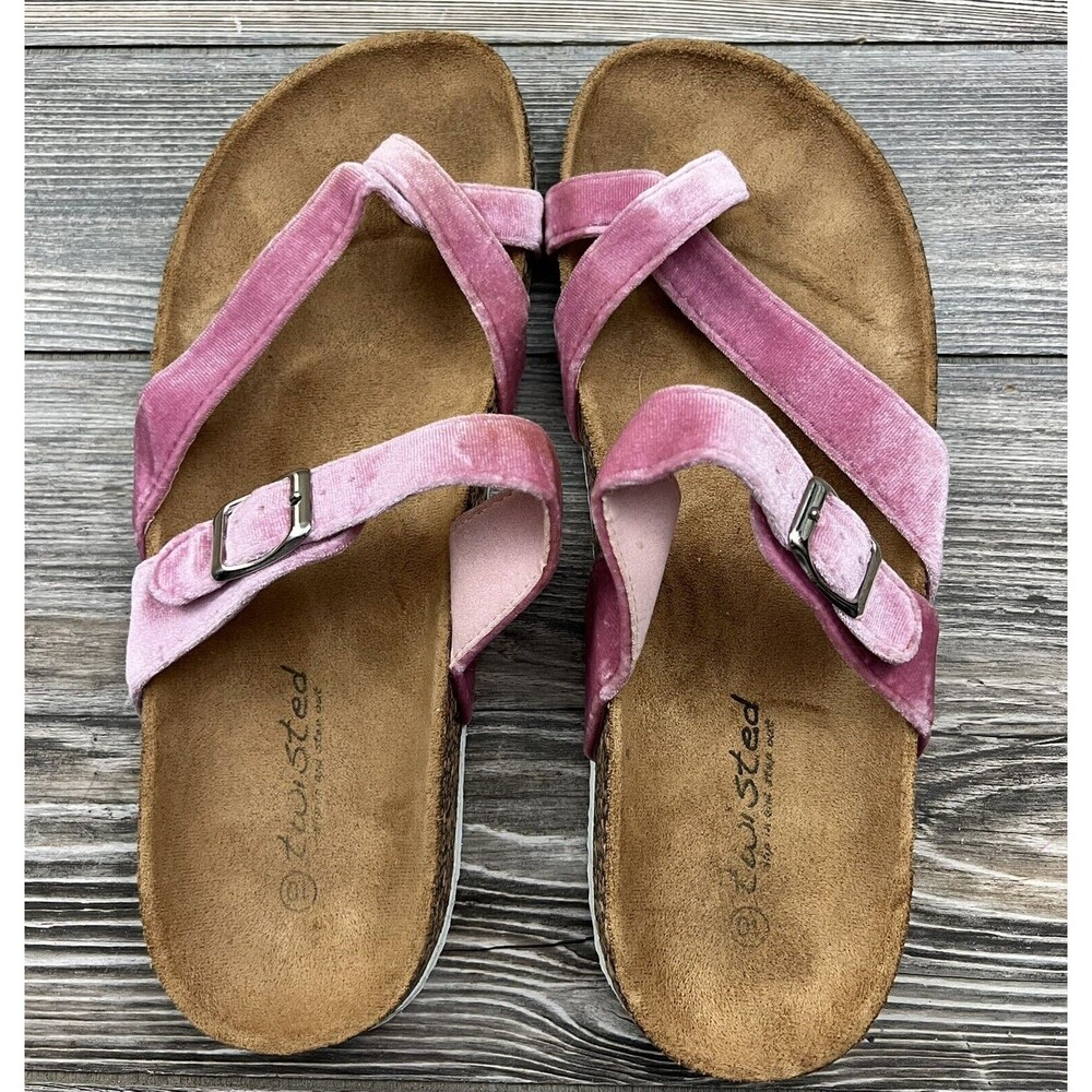 Twisted Women's Sandals 10 Pink Velvet Cork Soles Slip On Open‎ Back Thong Toe